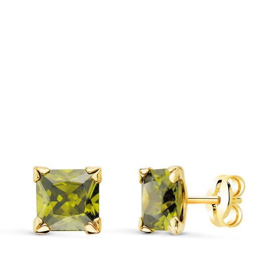 9K Pendientes Oro Amarillo 4 Garras Olivina Natural 6X6 Mm 2.30 Qts Presion
