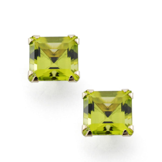 9K Pendientes Oro Amarillo Olivina Natural Garra Beckham 7X7 Mm 3.40 Qts Cierre Presion