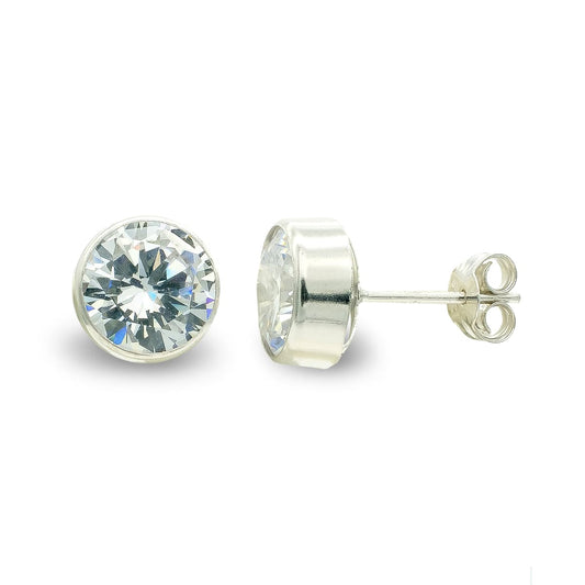 9K Pendientes Oro Blanco 7 Mm Chaton Circonita Cierre Presion