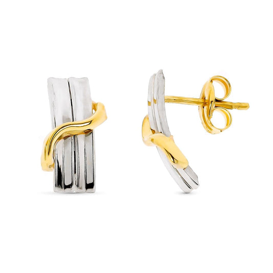9K Pendientes Oro Bicolor Bandas 12X6 Mm Cierre Presion