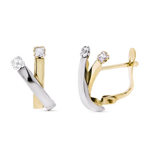 9K Pendientes Oro Bicolor Banda Y Circonita 13X6 Mm Cierre Catalan