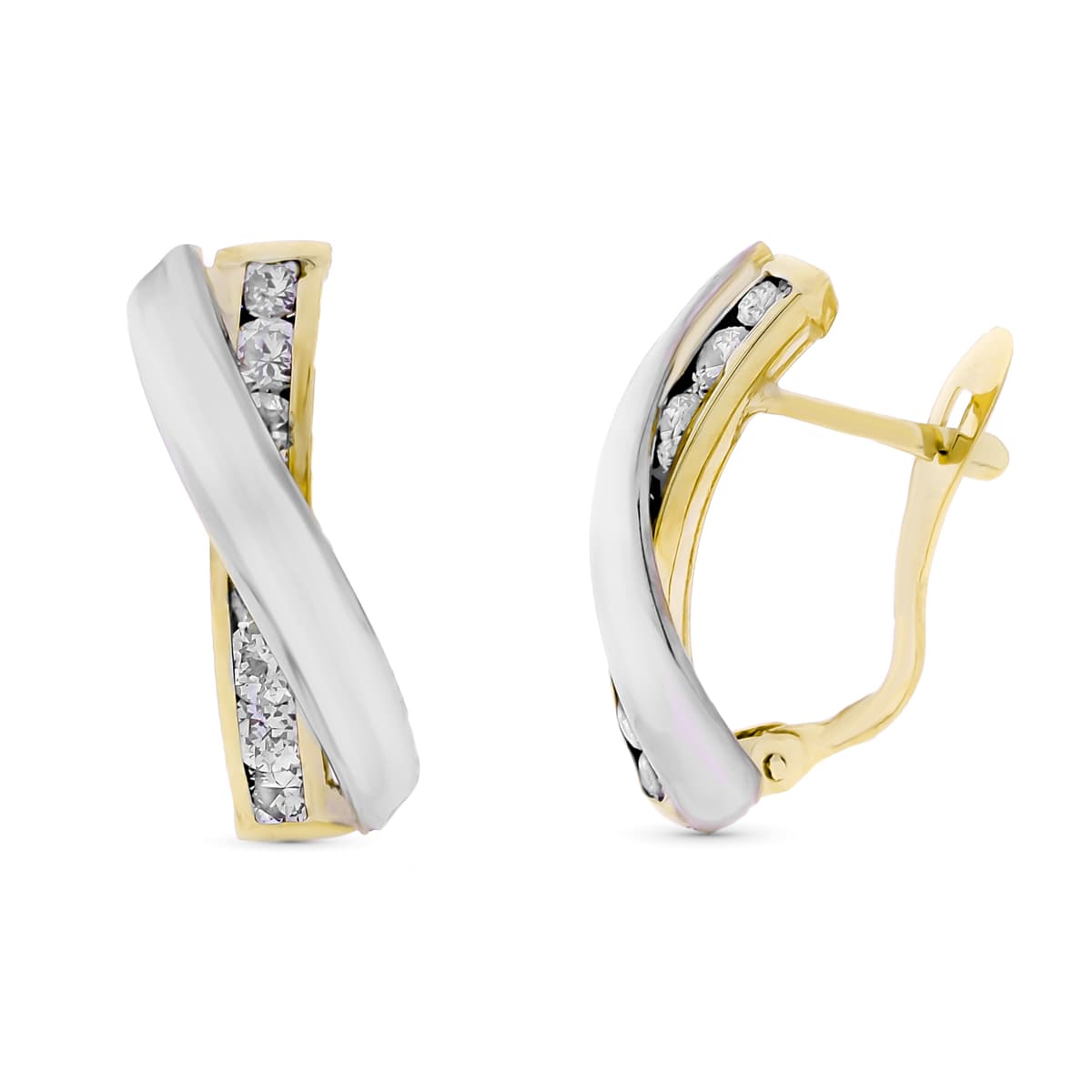 9K Pendientes Oro Bicolor Bandas Cruzada Circonita 18X8 Mm Catalan