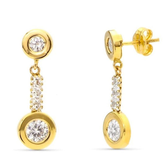 9K Pendientes Oro Amarillo Doble Cuerpo Con Circonita 22X8 Mm Cierre Presion