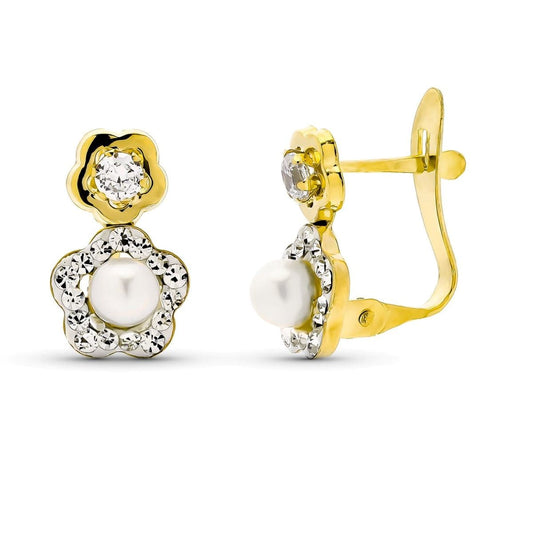 9K Pendientes Oro Bicolor Con Circonita Perla Cultivada 12X8 Mm Catalan