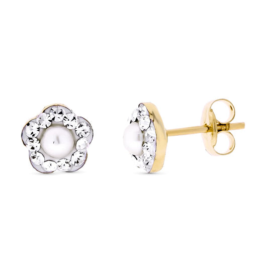 9K Pendientes Oro Amarillo Flor Circonita Perla 3 Mm Ancho Total 6 Mm Presion