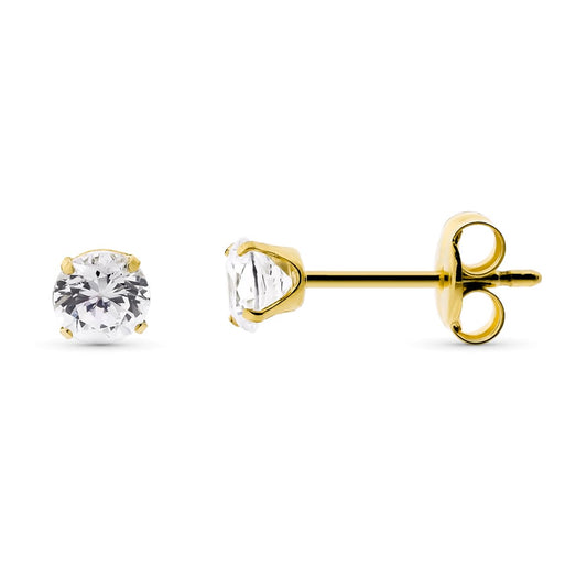 9K Pendientes Oro Amarillo Circonita 4 Mm Con 4 Garras. Cierre Presion