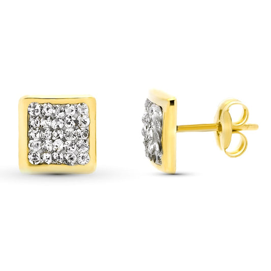 9K Pendientes Oro Amarillo Cuadrados. Circonita 7 X 7 Mm Presion