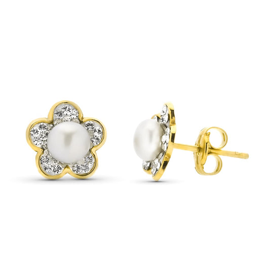 9K Pendientes Oro Amarillo Circonita Perla 4.50 Mm Total 9 Mm Presion