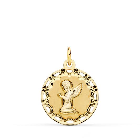 18K Medalla Oro Amarillo Angel Rezando Cerco Calado 18 Mm