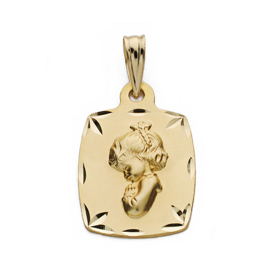 9K Medalla Oro Amarillo Virgen Niña Rezando 19X13 Mm