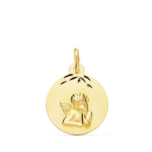 9K Medalla Oro Amarillo Redonda Angel Burlon Matizado Tallado 14 Mm