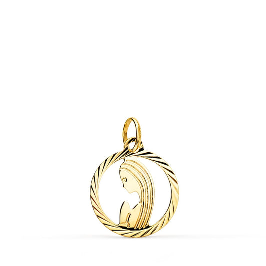 9K Medalla Oro Amarillo Virgen Niña Redonda Tallada Helice. 14 Mm