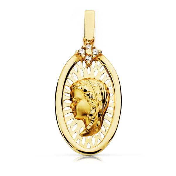 18K Medalla Oro Amarillo Diamantes Talla Brillante 0.10 Qts. 29X14 Mm