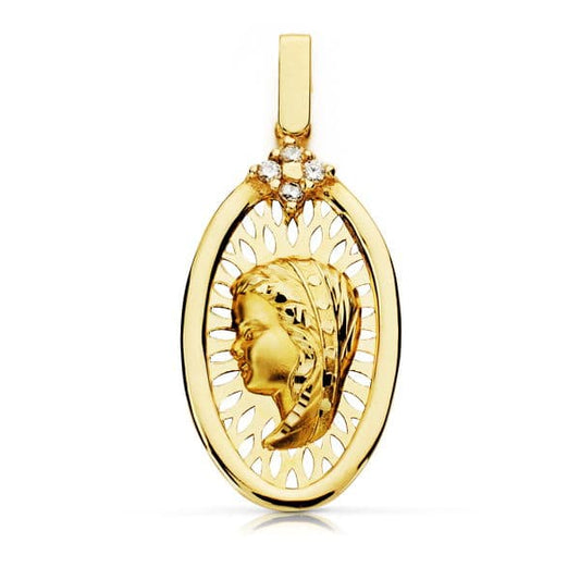 18K Medalla Oro Amarillo Diamantes Talla Brillante 0.10 Qts. 29X14 Mm