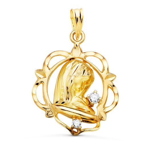 9K Medalla Oro Amarillo Virgen Niña Cerco Con Circonita 21X19 Mm