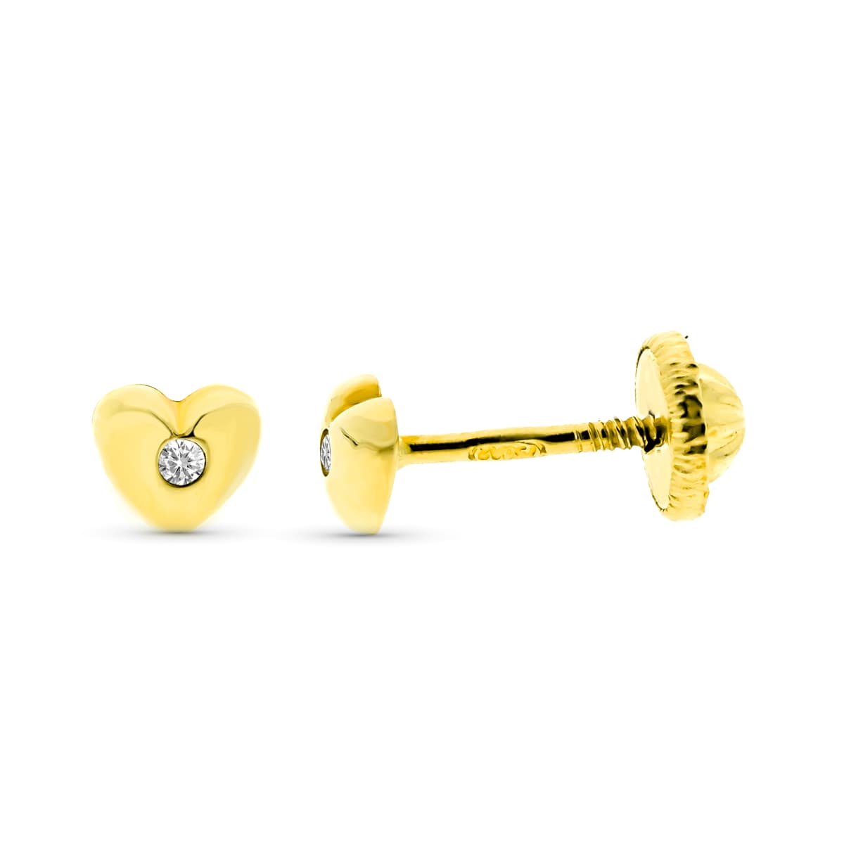 9K Pendientes Oro Amarillo Corazon Diamantes 0.016 Cts Si-H 4 Mm Tuerca