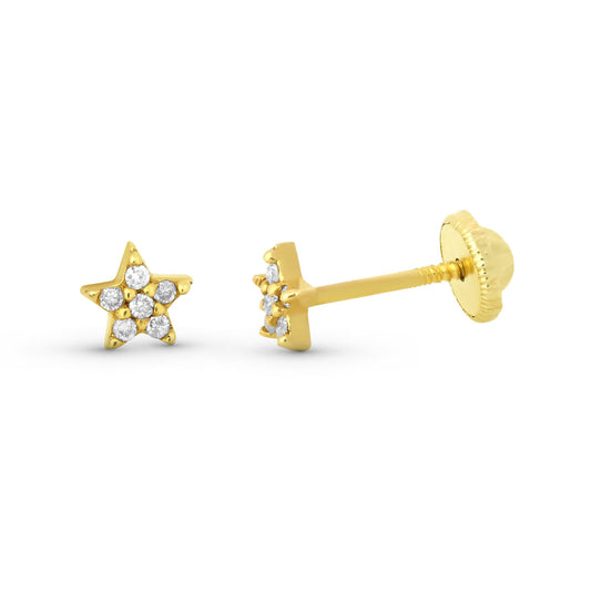 9K Pendientes Oro Amarillo Estrella Diamantes 0.06 Qtes Cierre Tuerca