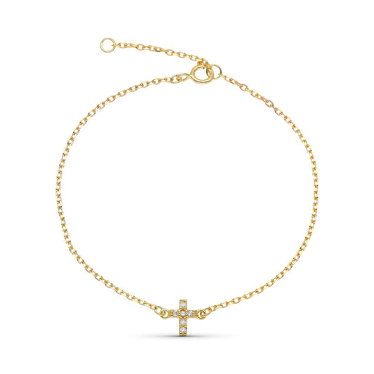 9K Pulsera Oro Amarillo Cruz Diamantes Naturales 0.048 Cts 18Xm - 16Cm