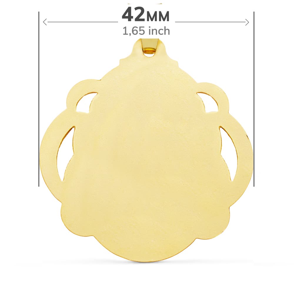 18K MEDALLA ORO AMARILLO CRISTO SAGRADO CORAZON DE JESUS PANDERETA CALADA 42 MM
