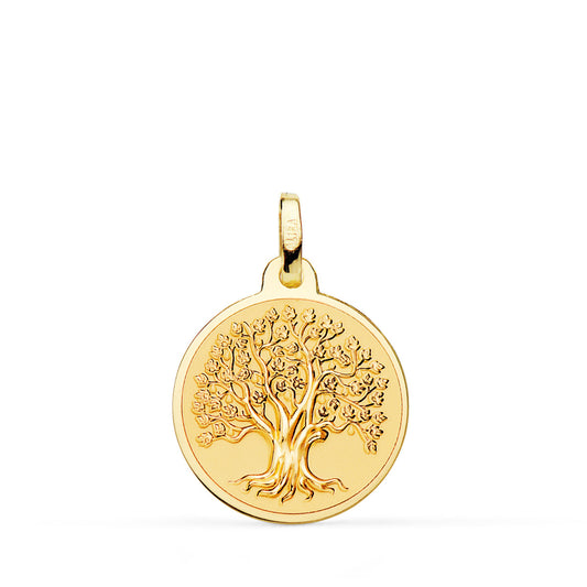 18K MEDALLA ORO AMARILLO ARBOL DE LA VIDA EN BRILLO Y FONDO MATIZADO 18 MM