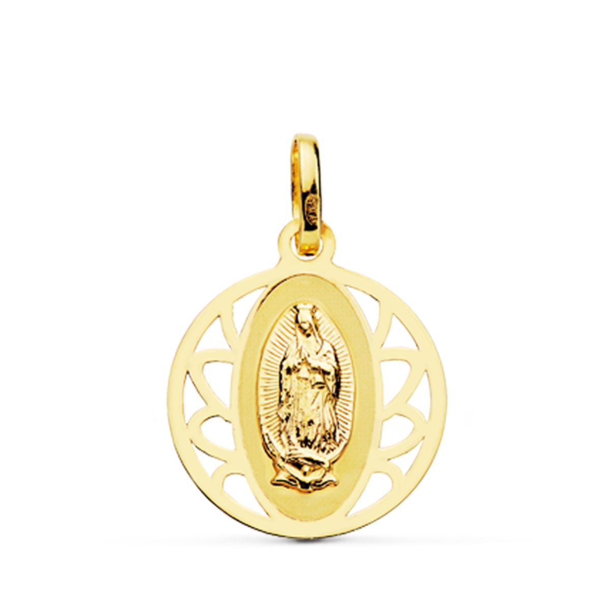 18K MEDALLA ORO AMARILLO VIRGEN GUADALUPE CERCO REDONDO 16 MM