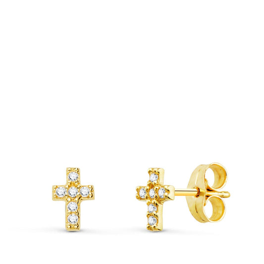 9K Pendientes Oro Amarillo Cruz Diamantes 0.06 Cts Si-H 6X4 Mm Presion