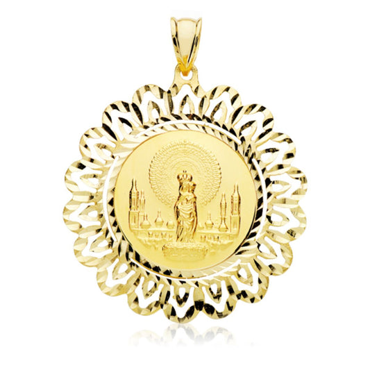 18K MEDALLA ORO AMARILLO VIRGEN DEL PILAR REDONDA 22 MM CON CERCO TALLADO 40X40 MM