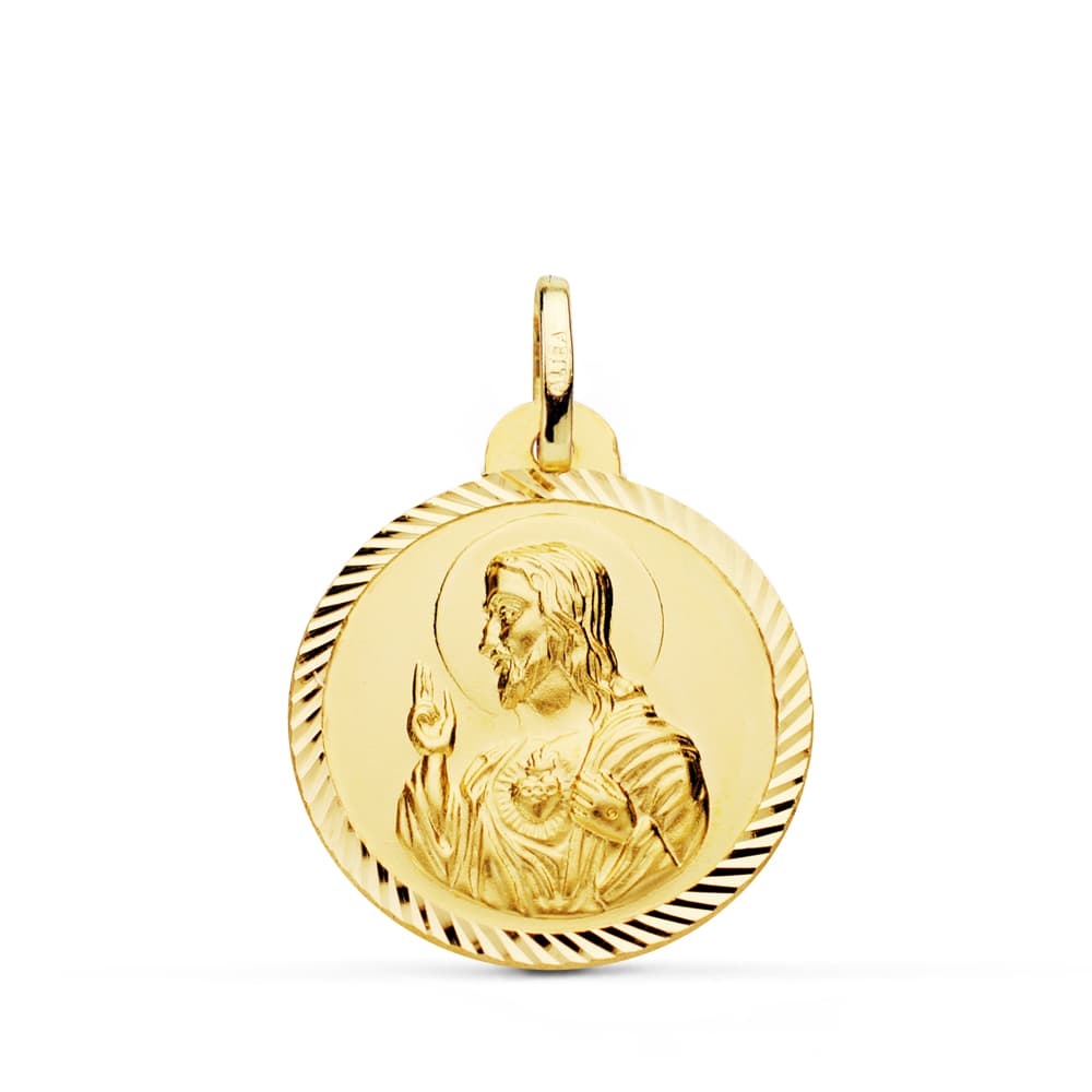 18K MEDALLA ORO AMARILLO CRISTO SAGRADO CORAZON DE JESUS HELICE 22 MM