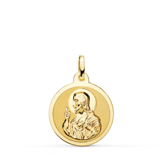 18K MEDALLA ORO AMARILLO SAGRADO CORAZON DE JESUS MATE Y BRILLO 18 MM