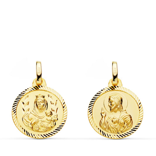 9K ESCAPULARIO ORO AMARILLO HELICE VIRGEN CARMEN Y CORAZON DE JESUS 16 MM
