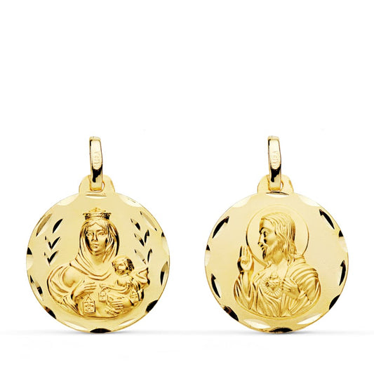 9K Escapulario Oro Amarillo Virgen Carmen Y Corazon Jesus 18Mm 1.65G