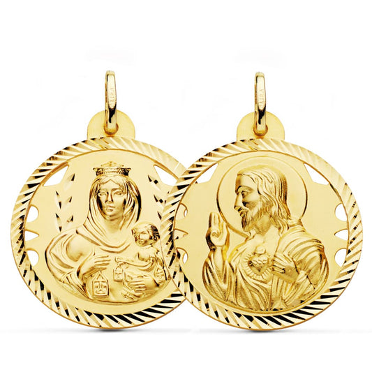 9K Escapulario Oro Amarillo Helice Calado Virgen Carmen Y Corazon De Jesus 28 Mm
