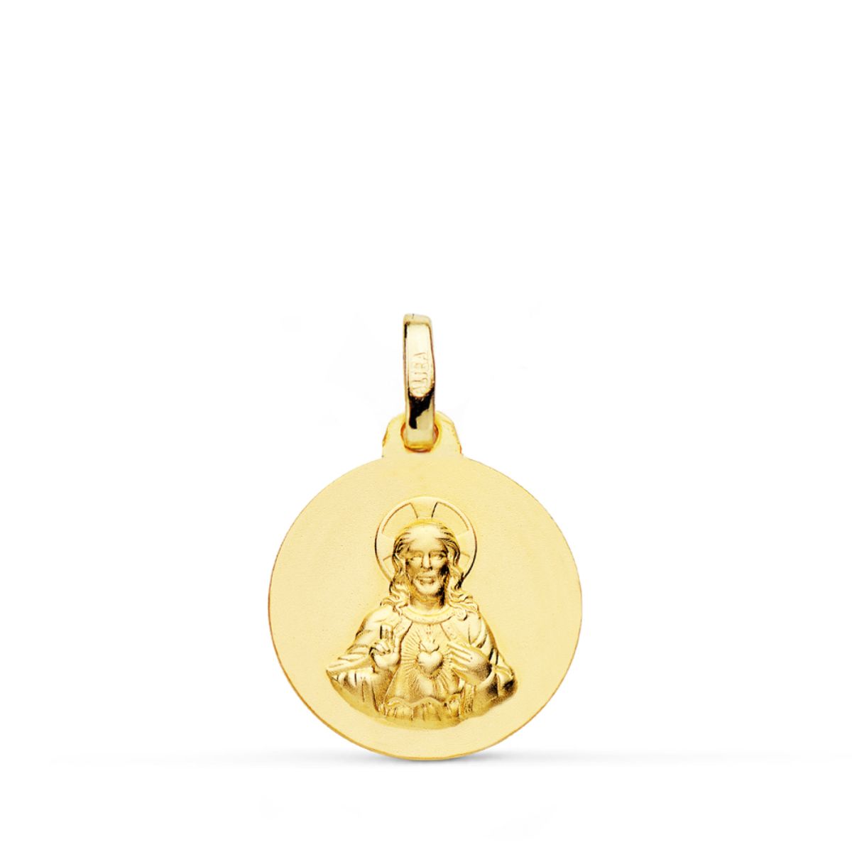 9K Medalla Oro Amarillo Corazon De Jesus Tallada 14 Mm