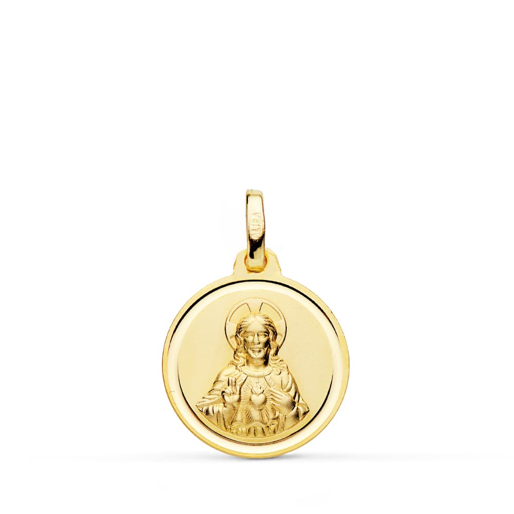 9K Medalla Oro Amarillo Corazon Jesus Bisel 16 Mm