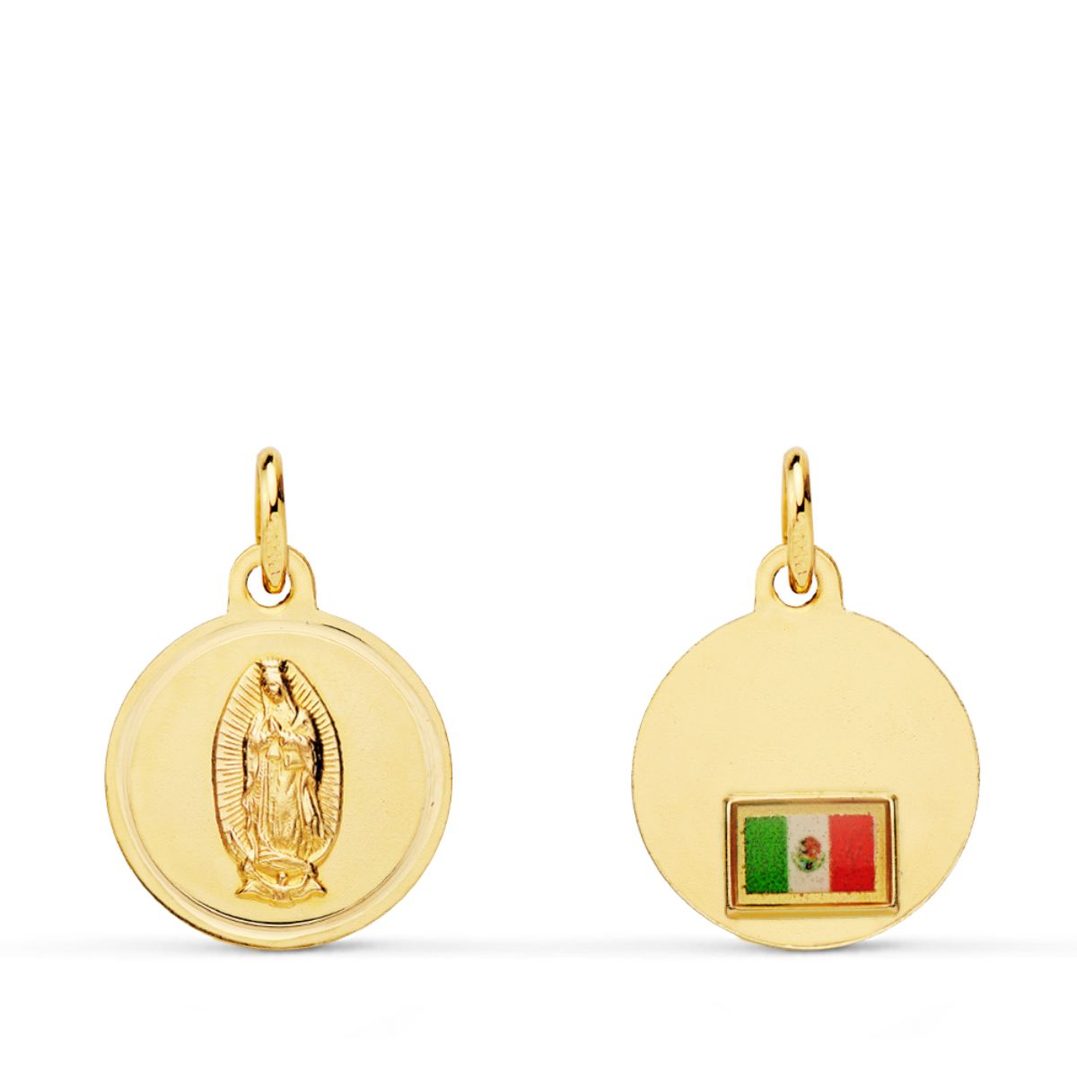18K MEDALLA ORO AMARILLO VIRGEN DE GUADALUPE CON BANDERA EN BISEL 14 MM