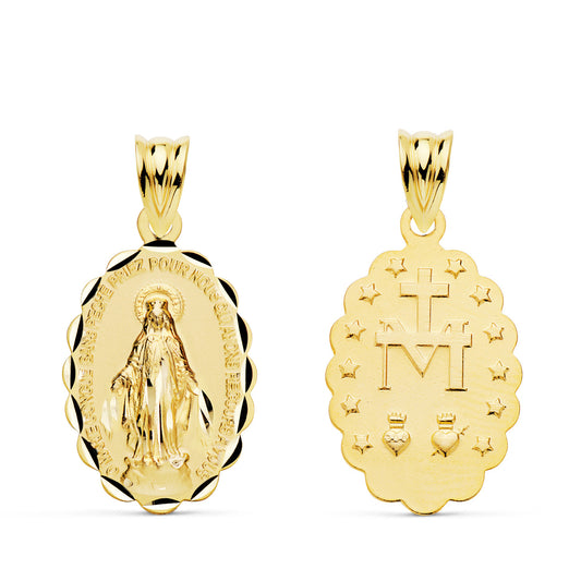 18K MEDALLA ORO AMARILLO VIRGEN MILAGROSA OVAL TALLADA 20X15 MM