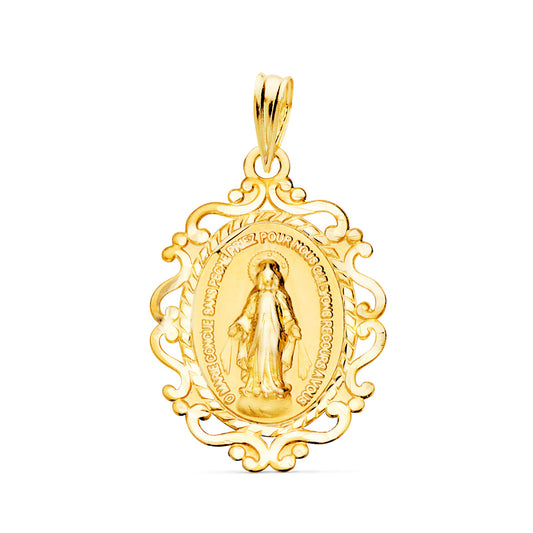 9K Medalla Oro Amarillo Virgen De La Milagrosa Cerco En Frances 23X16 Mm 1.15Gr