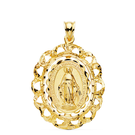 18K MEDALLA ORO AMARILLO VIRGEN MILAGROSA CERCO FILIGRANA TALLADO 30X25 MM