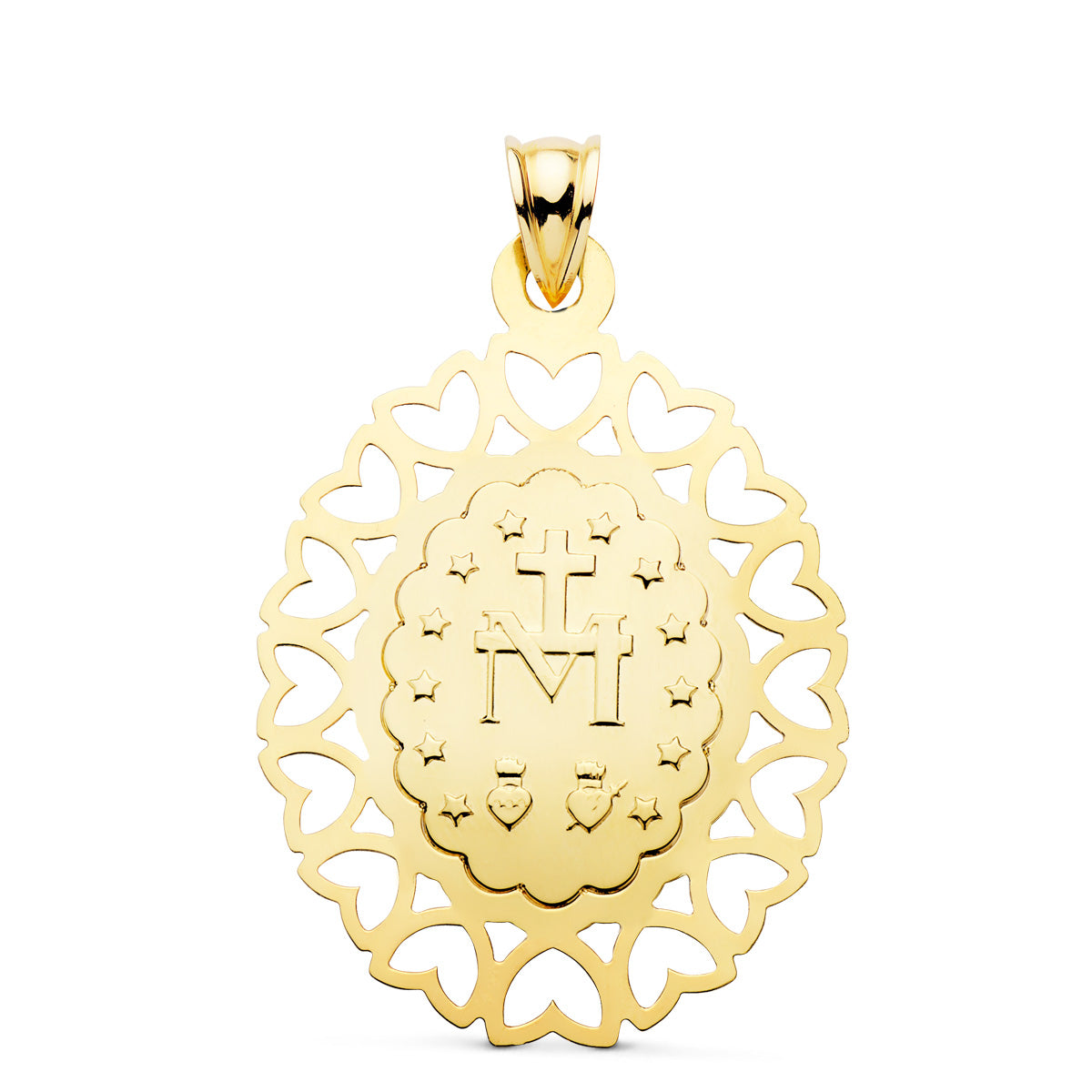 18K MEDALLA ORO AMARILLO VIRGEN MILAGROSA OVAL CERCO CORAZONES. 40 X 33 MM