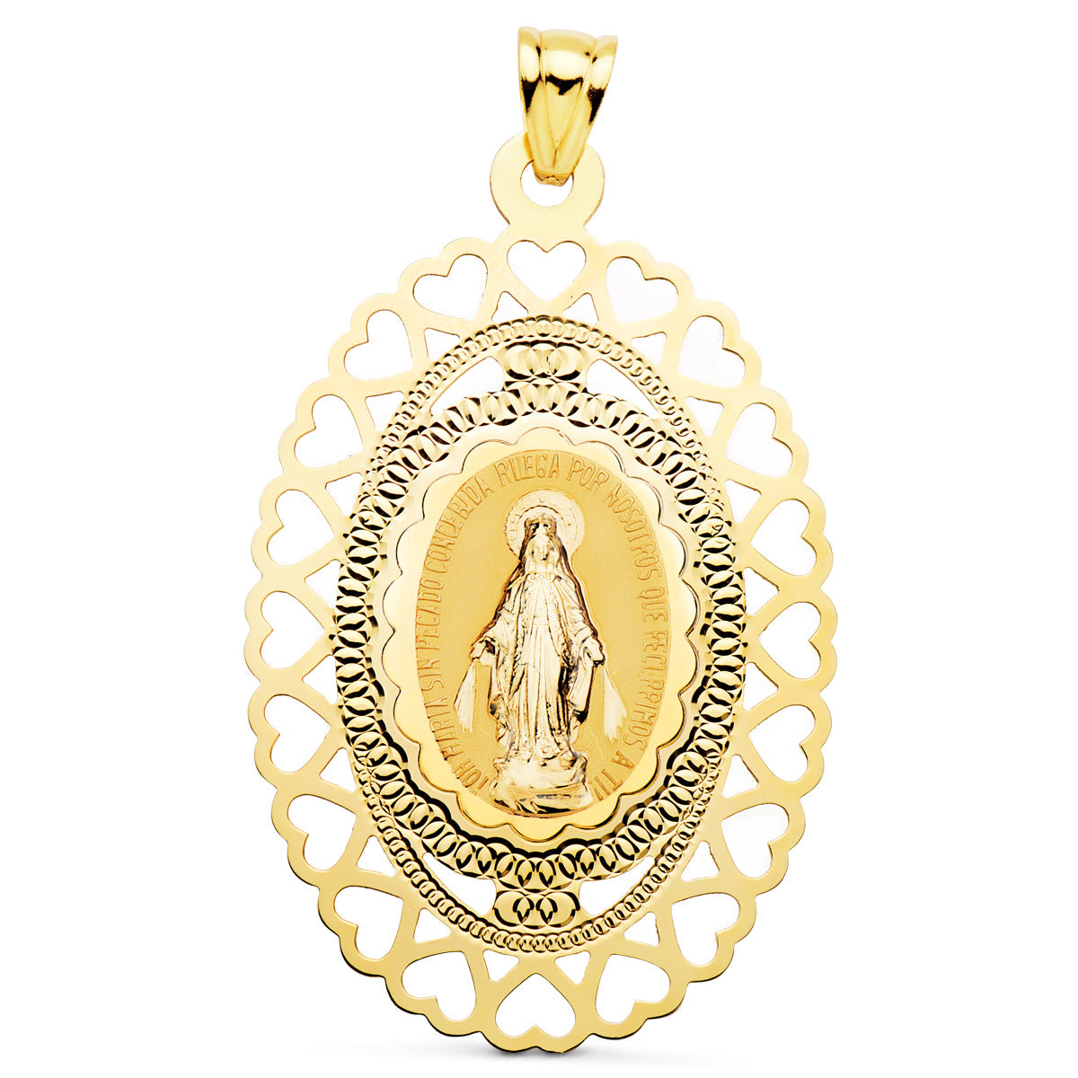 18K MEDALLA ORO AMARILLO VIRGEN MILAGROSA OVAL CERCO CORAZONES. 50 X 35 MM