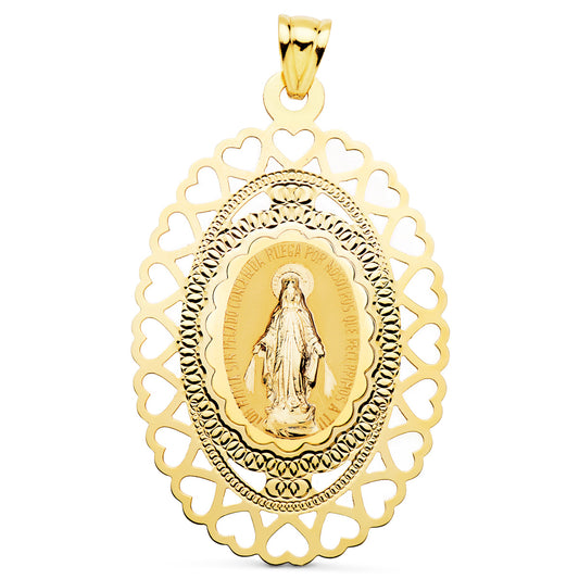 18K MEDALLA ORO AMARILLO VIRGEN MILAGROSA OVAL CERCO CORAZONES. 50 X 35 MM