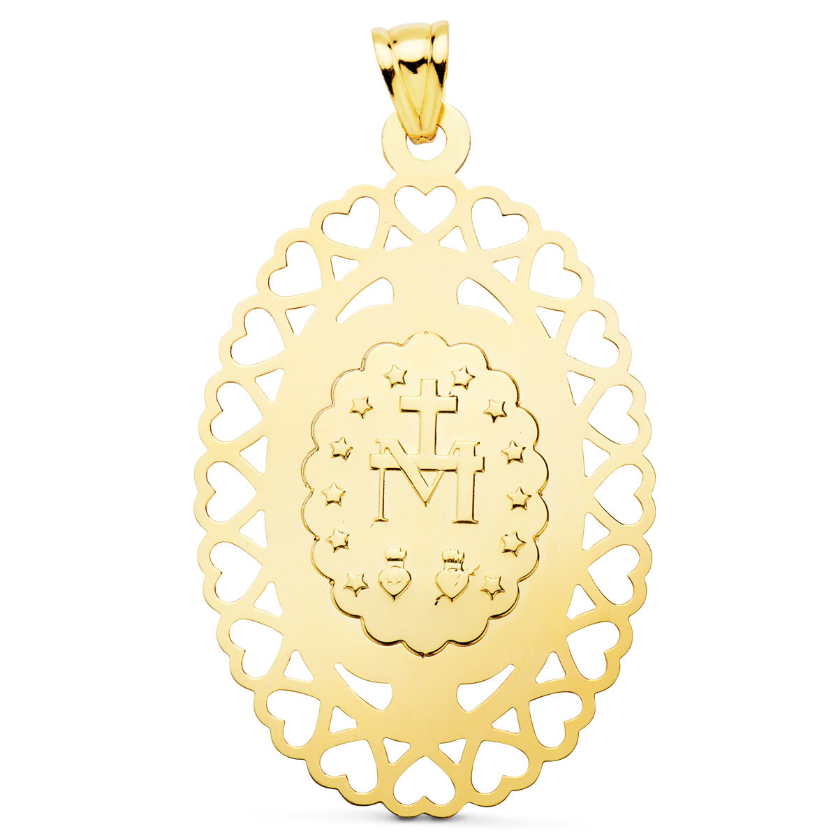 18K MEDALLA ORO AMARILLO VIRGEN MILAGROSA OVAL CERCO CORAZONES. 50 X 35 MM