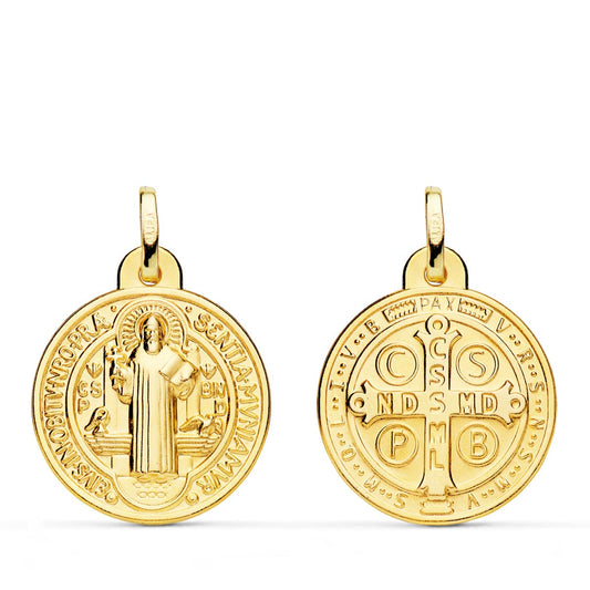 18K MEDALLA ESCAPULARIO ORO AMARILLO SAN BENITO MONJE 20 MM MATIZADA