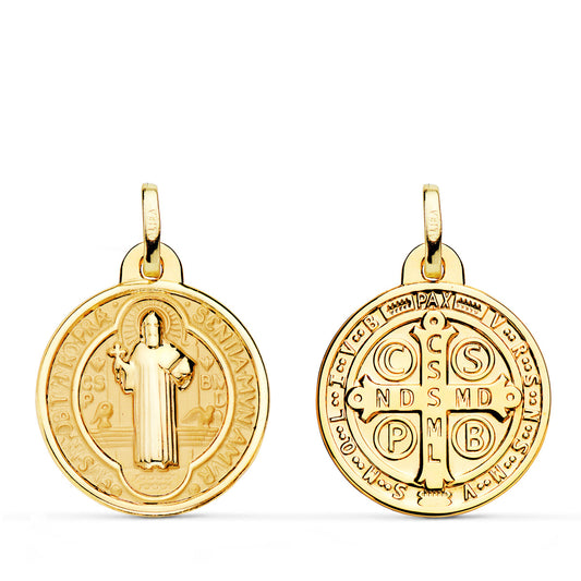 18K MEDALLA ESCAPULARIO SAN BENITO MONJE BRILLO Y FONDO MATIZADO 24 MM ESPALDA EN BRILLO