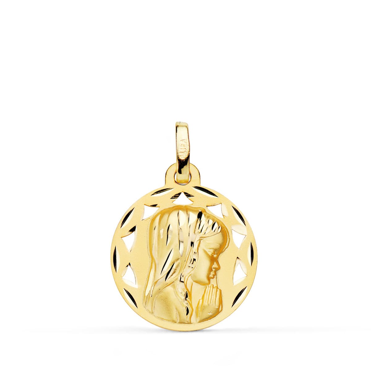18K Medalla Oro Amarillo Calada Virgen Niña Perfil Tallada 18 Mm