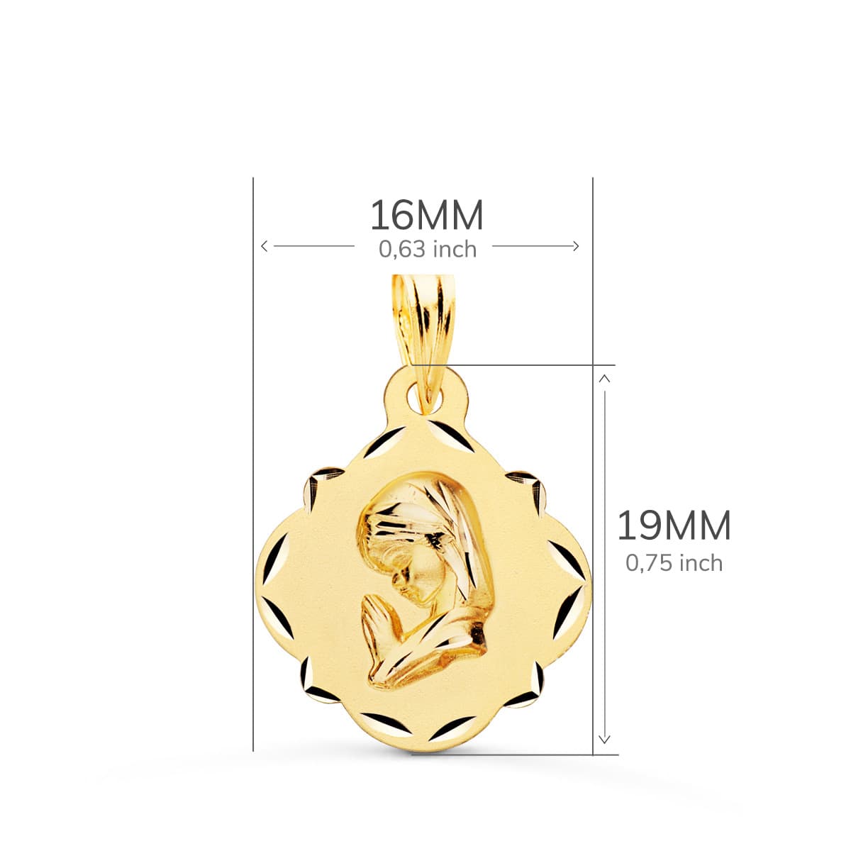 18K MEDALLA ORO AMARILLO VIRGEN NIÑA PERFIL PANDERETA TALLADA 19X16 MM