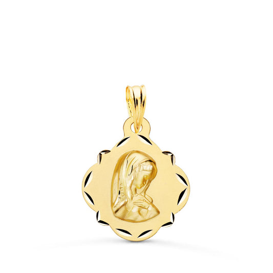 18K Medalla Oro Amarillo Virgen Niña Perfil Pandereta Tallada 19X16 Mm