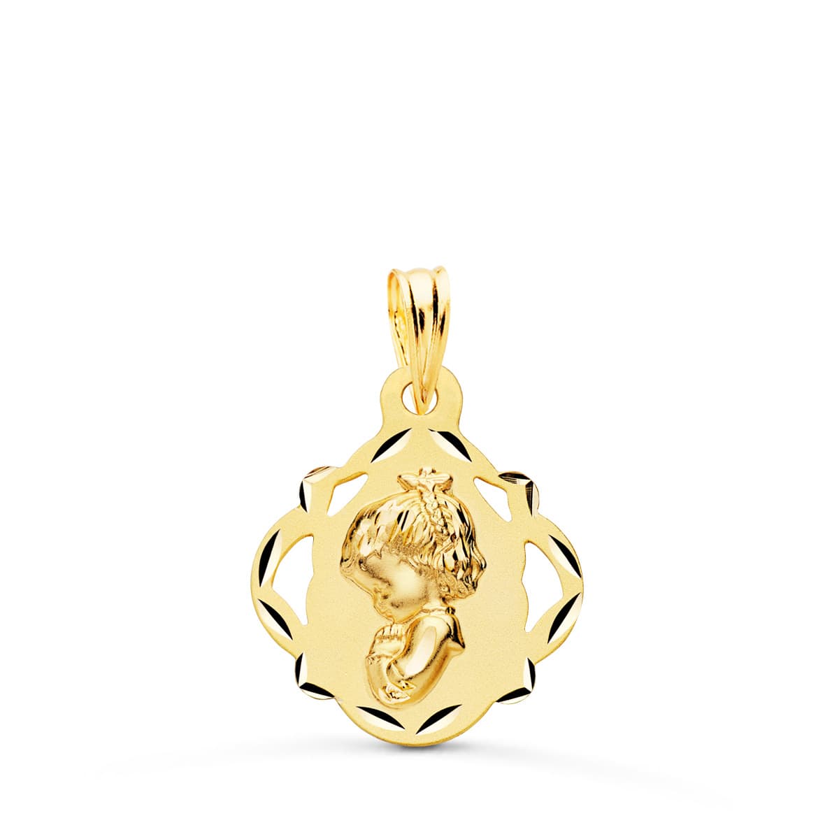 18K MEDALLA ORO AMARILLO VIRGEN NIÑA PANDERETA CALADA 19X16 MM