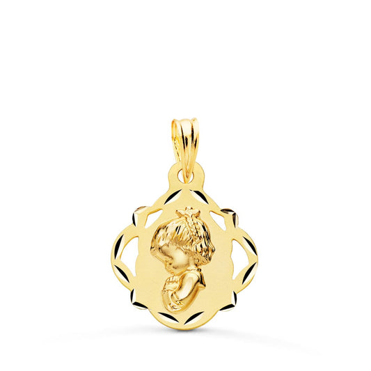 18K MEDALLA ORO AMARILLO VIRGEN NIÑA PANDERETA CALADA 19X16 MM