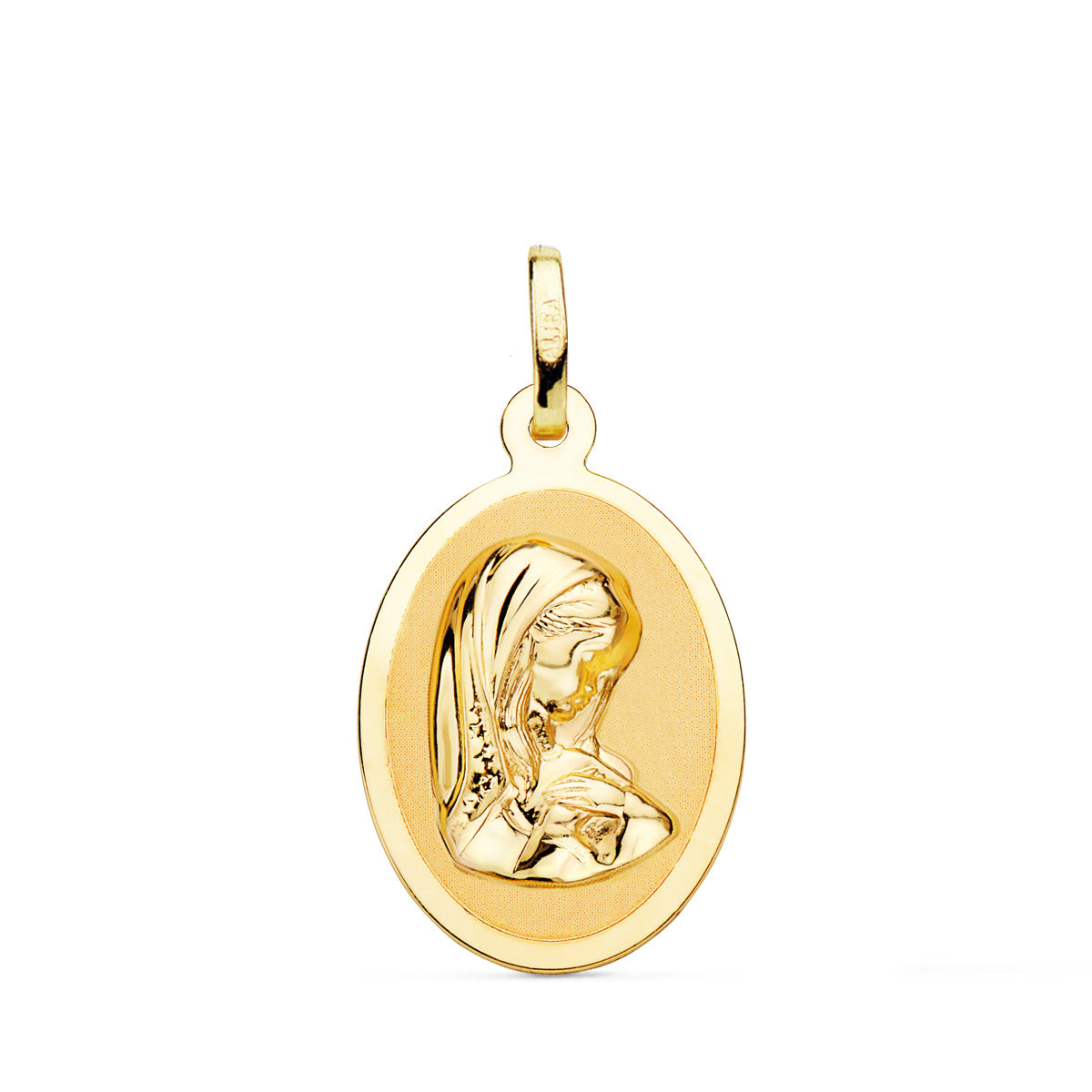 18K MEDALLA ORO AMARILLO VIRGEN NIÑA OVAL EN BRILLO 21X15 MM